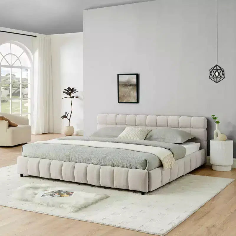 Lit capitonné King Size avec tête de lit Cadre de lit solide avec tiroir pour chambre à coucher Beige