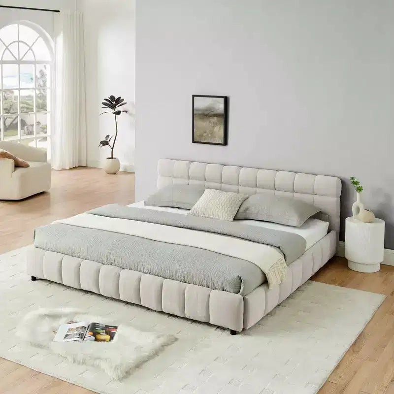 Lit capitonné King Size avec tête de lit Cadre de lit solide avec tiroir pour chambre à coucher Beige