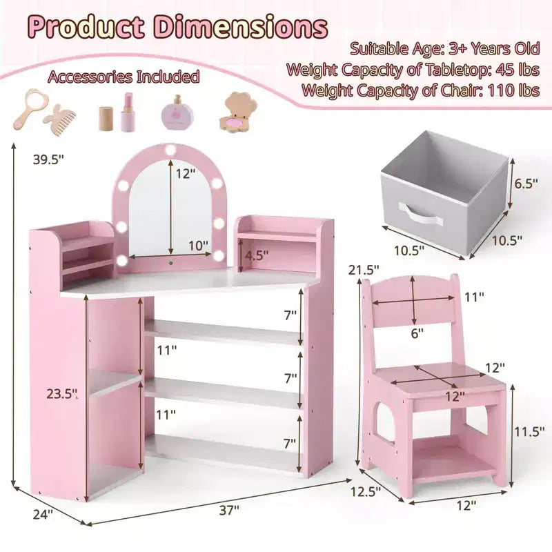 Coiffeuse d'angle pour enfants avec lumières, 3 étagères de rangement, 5 compartiments ouverts, accessoires Rose/Bleu + Blanc