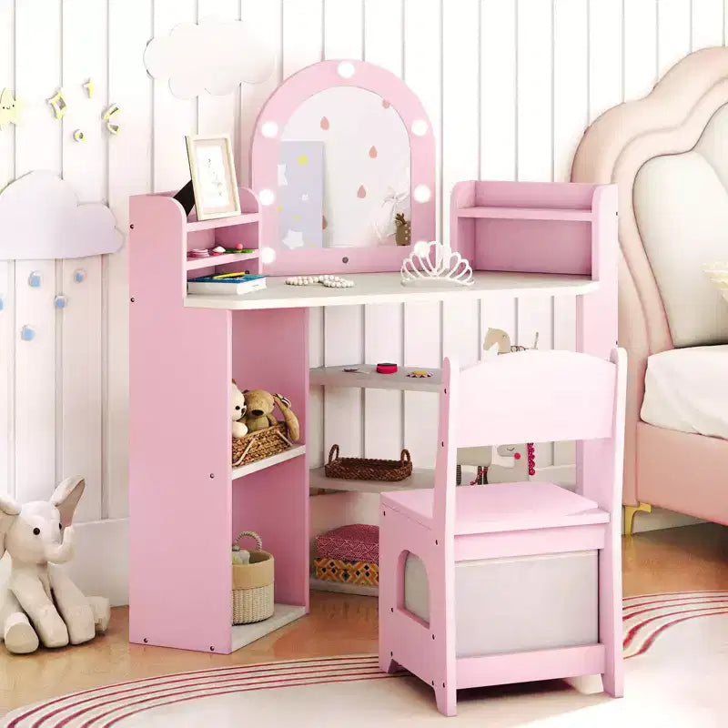 Coiffeuse d'angle pour enfants avec lumières, 3 étagères de rangement, 5 compartiments ouverts, accessoires Rose/Bleu + Blanc