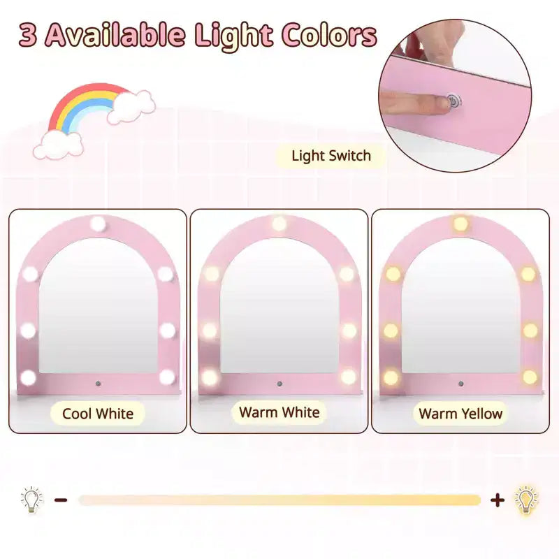 Coiffeuse d'angle pour enfants avec lumières, 3 étagères de rangement, 5 compartiments ouverts, accessoires Rose/Bleu + Blanc