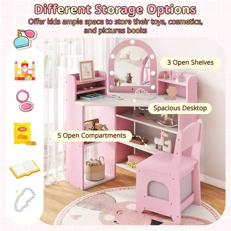 Coiffeuse d'angle pour enfants avec lumières, 3 étagères de rangement, 5 compartiments ouverts, accessoires Rose/Bleu + Blanc