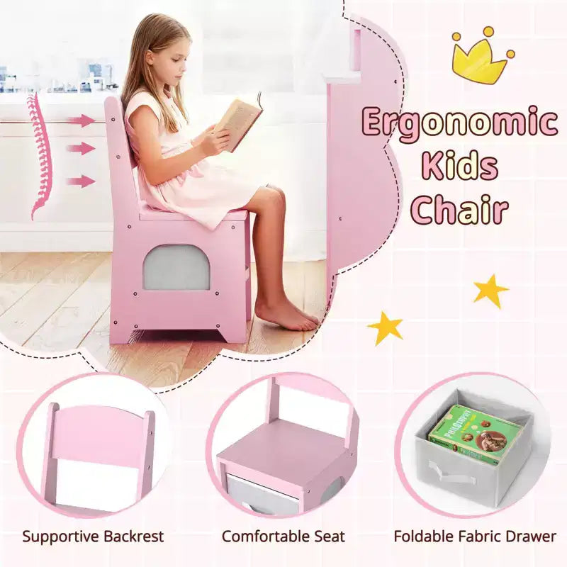 Coiffeuse d'angle pour enfants avec lumières, 3 étagères de rangement, 5 compartiments ouverts, accessoires Rose/Bleu + Blanc