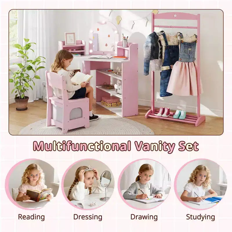 Coiffeuse d'angle pour enfants avec lumières, 3 étagères de rangement, 5 compartiments ouverts, accessoires Rose/Bleu + Blanc