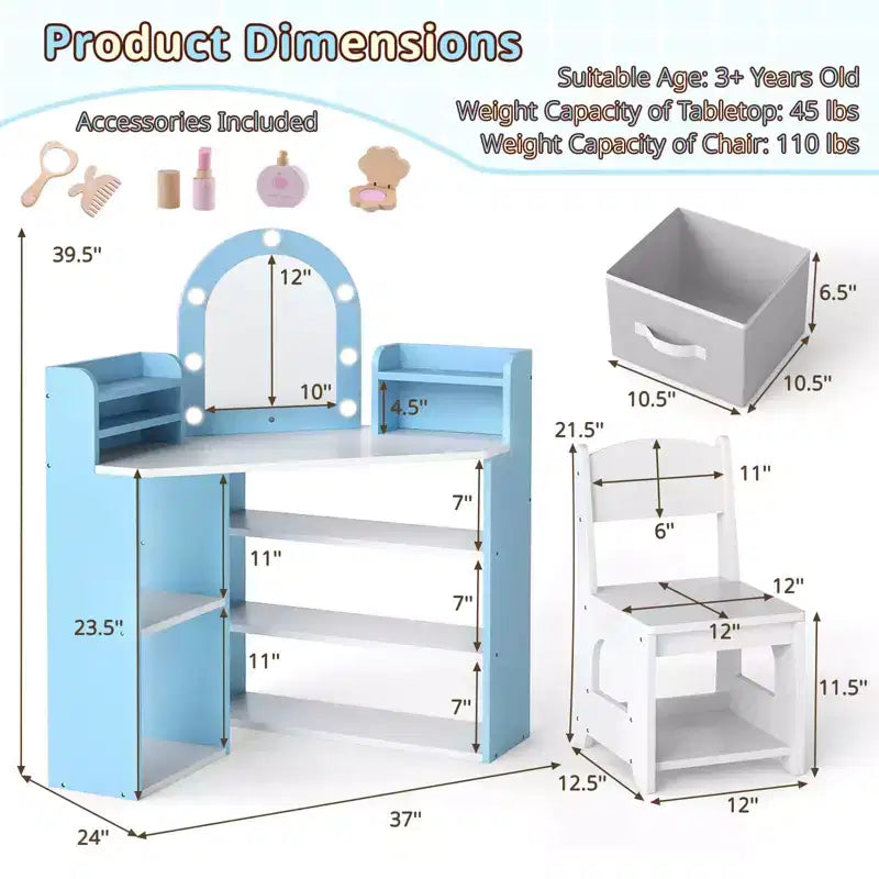 Coiffeuse d'angle pour enfants avec lumières, 3 étagères de rangement, 5 compartiments ouverts, accessoires Rose/Bleu + Blanc