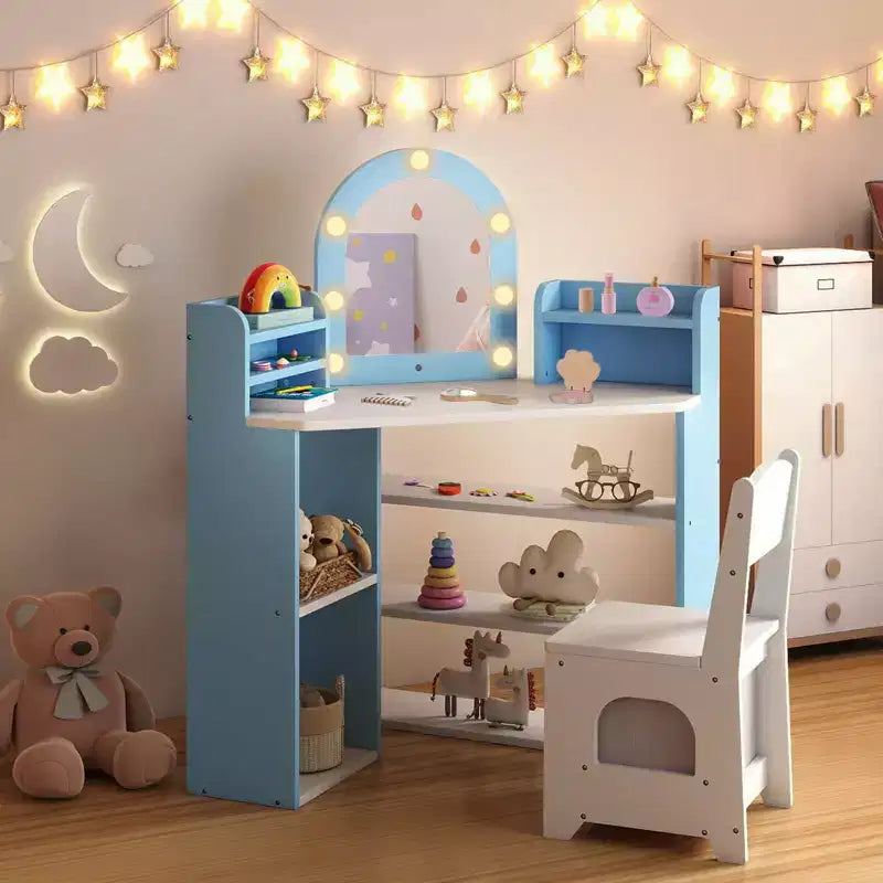 Coiffeuse d'angle pour enfants avec lumières, 3 étagères de rangement, 5 compartiments ouverts, accessoires Rose/Bleu + Blanc