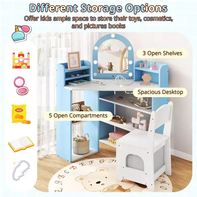 Coiffeuse d'angle pour enfants avec lumières, 3 étagères de rangement, 5 compartiments ouverts, accessoires Rose/Bleu + Blanc
