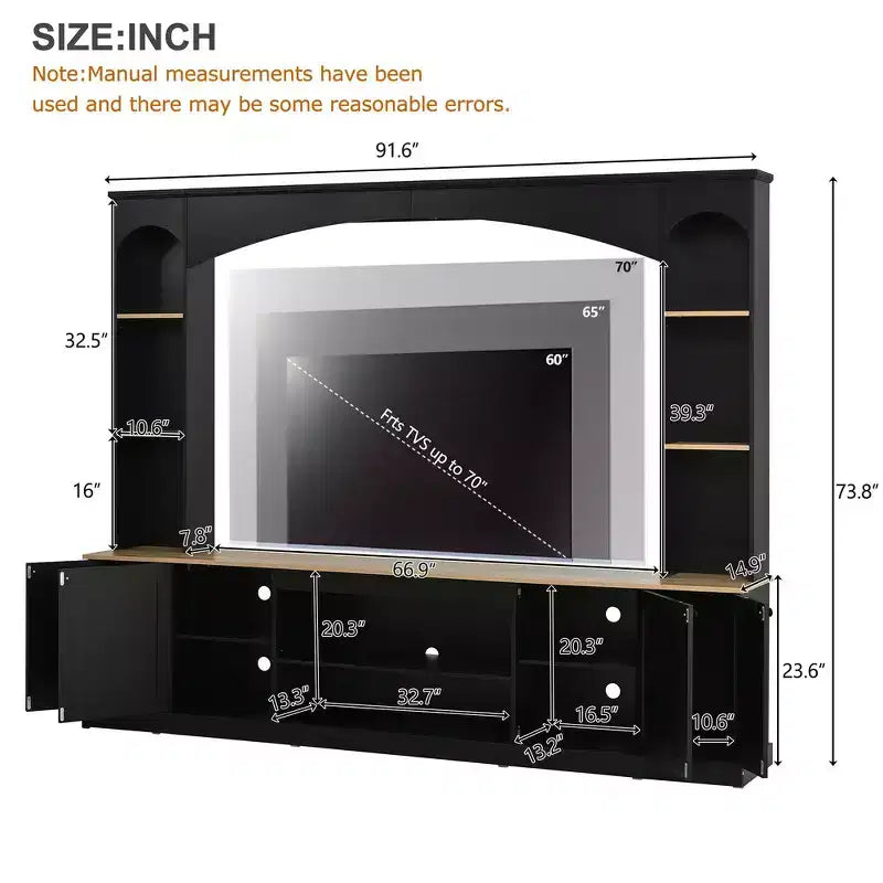 Meuble TV 91 avec console média, centre de divertissement arqué, meuble TV avec étagère, grain de bois pour TV jusqu'à 70 pouces