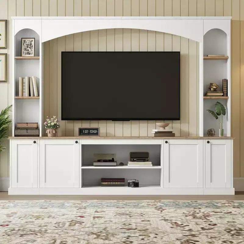 Meuble TV 91 avec console média, centre de divertissement arqué, meuble TV avec étagère, grain de bois pour TV jusqu'à 70 pouces