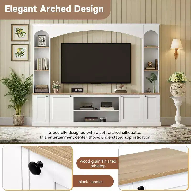 Meuble TV 91 avec console média, centre de divertissement arqué, meuble TV avec étagère, grain de bois pour TV jusqu'à 70 pouces