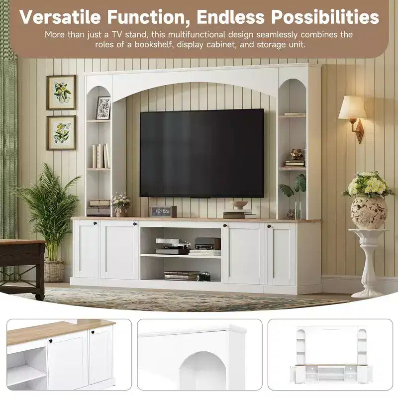 Meuble TV 91 avec console média, centre de divertissement arqué, meuble TV avec étagère, grain de bois pour TV jusqu'à 70 pouces