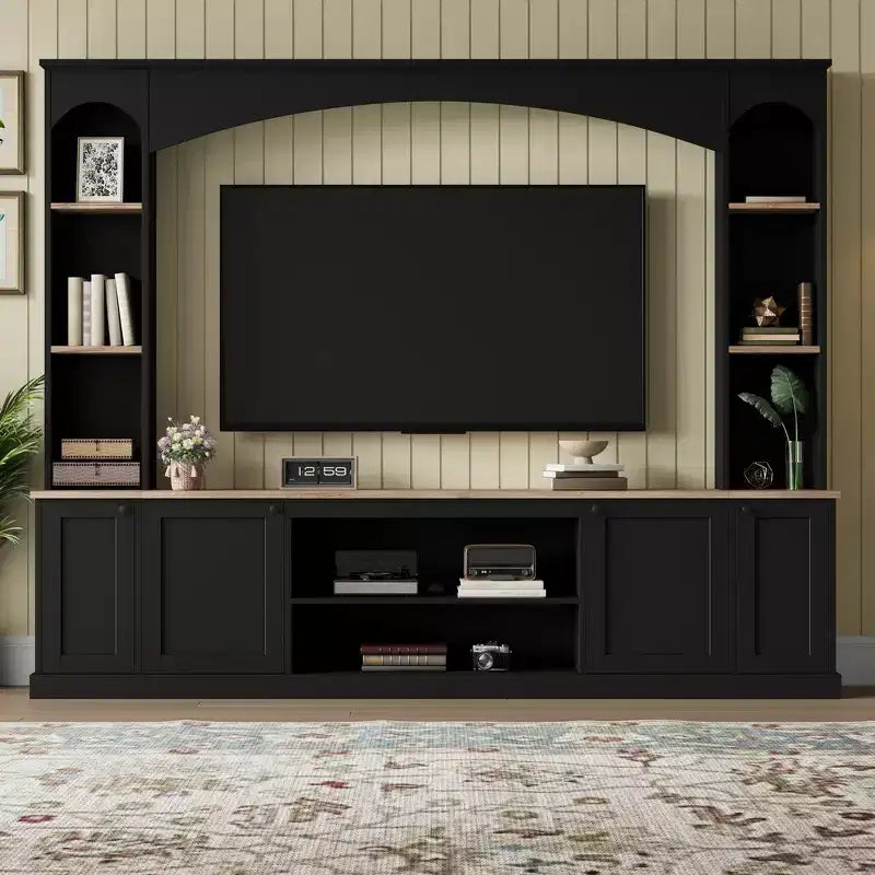 Meuble TV 91 avec console média, centre de divertissement arqué, meuble TV avec étagère, grain de bois pour TV jusqu'à 70 pouces