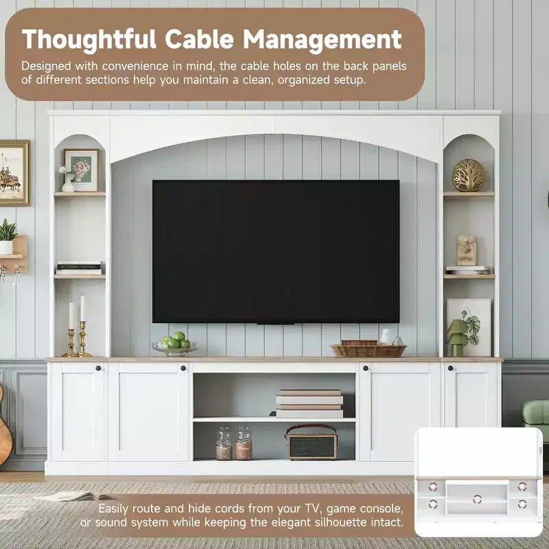 Meuble TV 91 avec console média, centre de divertissement arqué, meuble TV avec étagère, grain de bois pour TV jusqu'à 70 pouces