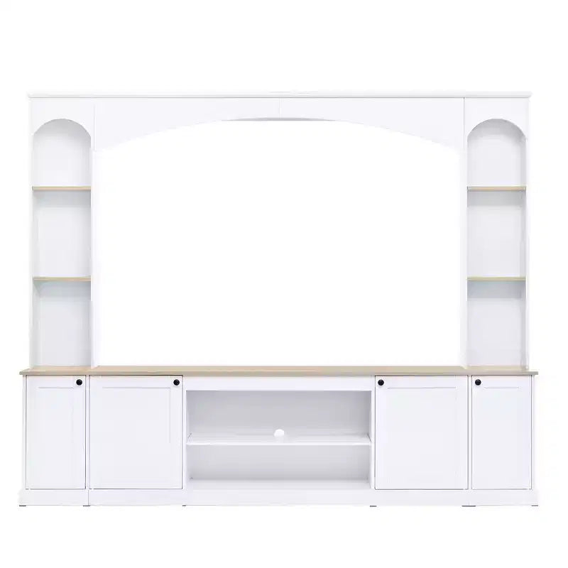 Meuble TV 91 avec console média, centre de divertissement arqué, meuble TV avec étagère, grain de bois pour TV jusqu'à 70 pouces
