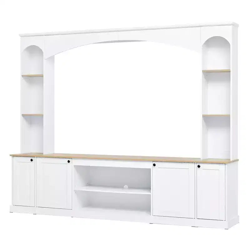 Meuble TV 91 avec console média, centre de divertissement arqué, meuble TV avec étagère, grain de bois pour TV jusqu'à 70 pouces