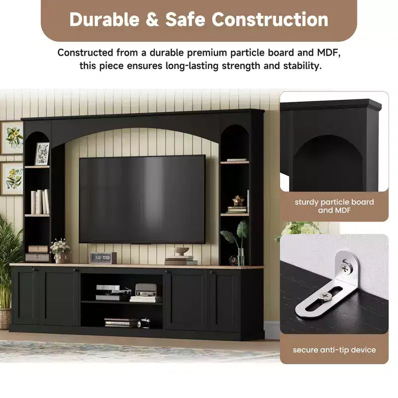 Meuble TV 91 avec console média, centre de divertissement arqué, meuble TV avec étagère, grain de bois pour TV jusqu'à 70 pouces