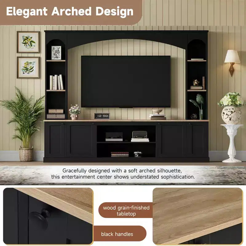 Meuble TV 91 avec console média, centre de divertissement arqué, meuble TV avec étagère, grain de bois pour TV jusqu'à 70 pouces