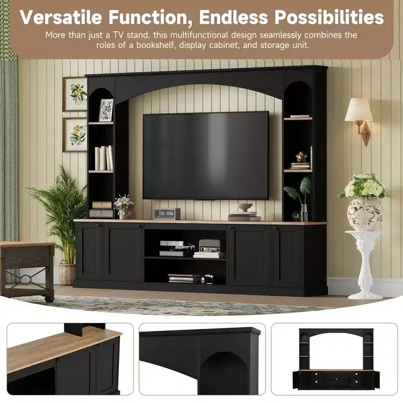 Meuble TV 91 avec console média, centre de divertissement arqué, meuble TV avec étagère, grain de bois pour TV jusqu'à 70 pouces