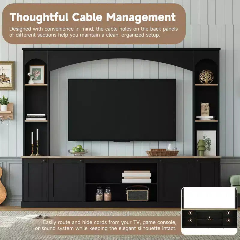 Meuble TV 91 avec console média, centre de divertissement arqué, meuble TV avec étagère, grain de bois pour TV jusqu'à 70 pouces