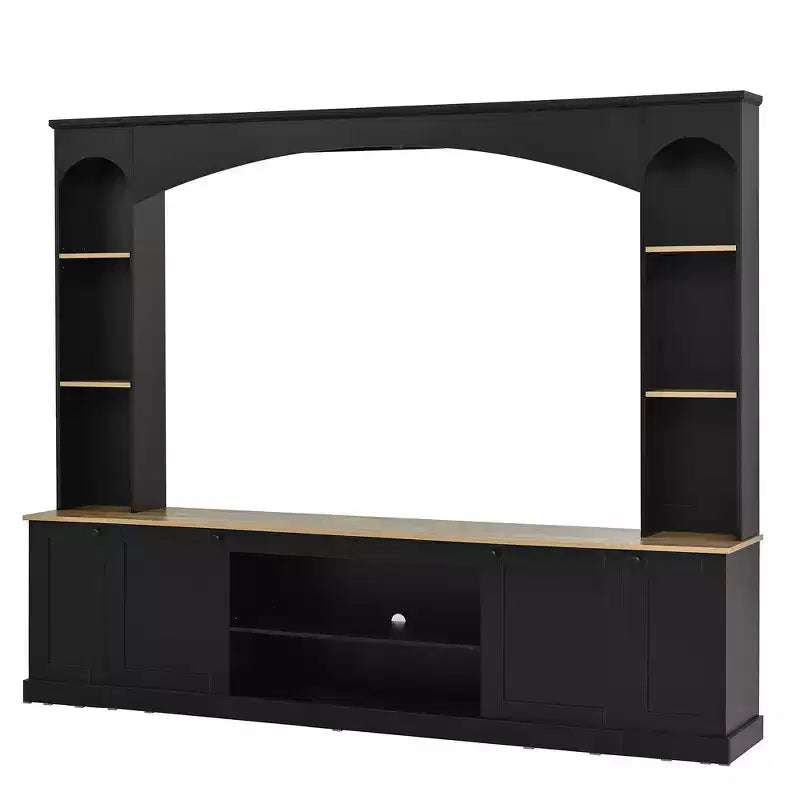 Meuble TV 91 avec console média, centre de divertissement arqué, meuble TV avec étagère, grain de bois pour TV jusqu'à 70 pouces