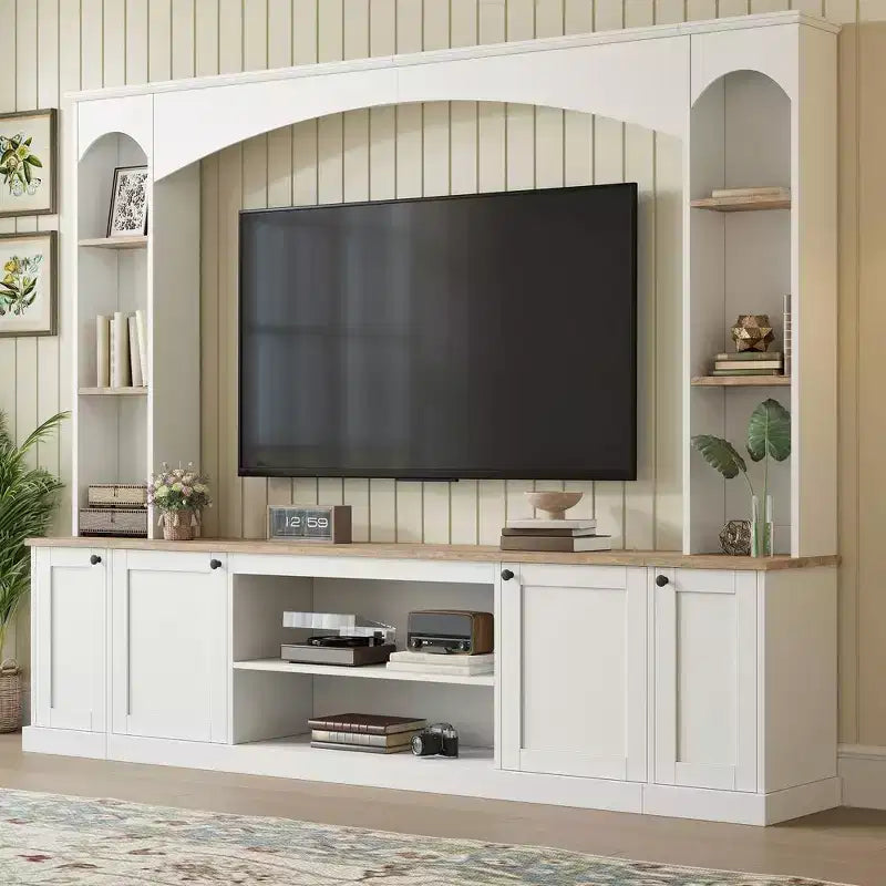 Meuble TV 91 avec console média, centre de divertissement arqué, meuble TV avec étagère, grain de bois pour TV jusqu'à 70 pouces