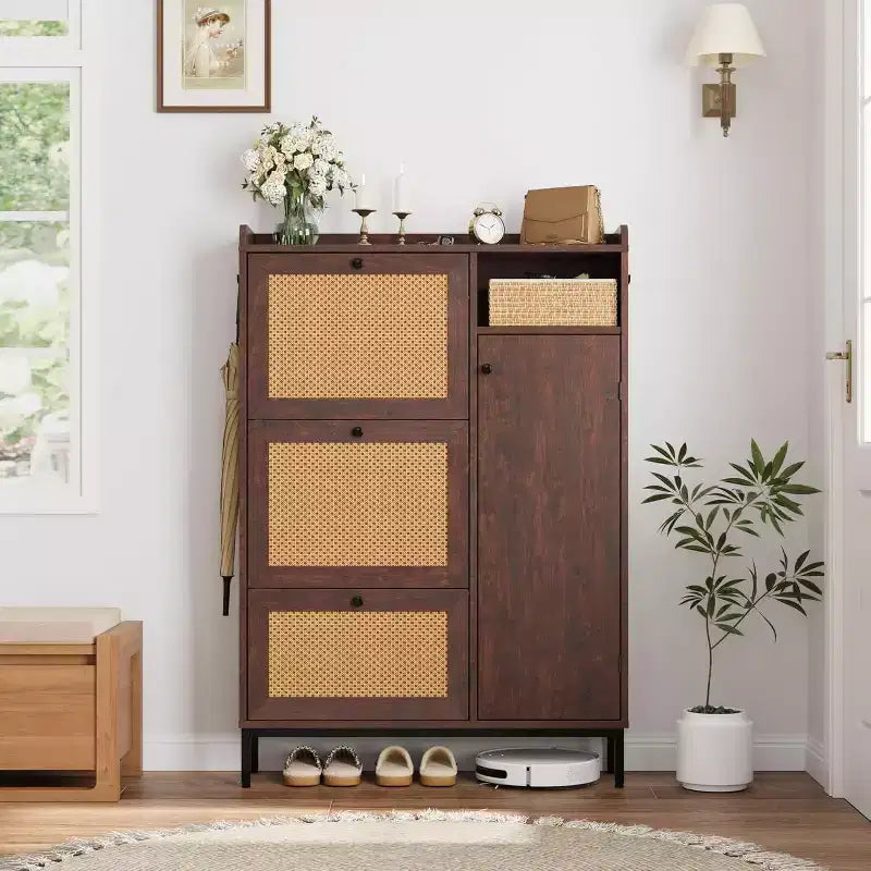 Meuble de rangement à chaussures en rotin à 4 niveaux avec 3 tiroirs basculants, Organisateur de chaussures sur pied avec étagères réglables pour entrée, placard, couloir