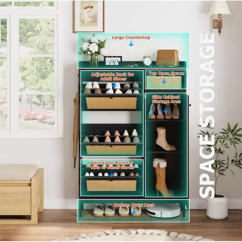 Meuble de rangement à chaussures en rotin à 4 niveaux avec 3 tiroirs basculants, Organisateur de chaussures sur pied avec étagères réglables pour entrée, placard, couloir