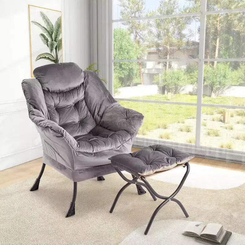 Fauteuil de relaxation COZONY avec pouf, chaise d'appoint moderne avec repose-pieds et poche latérale pour salon, chambre, dortoir, bureau