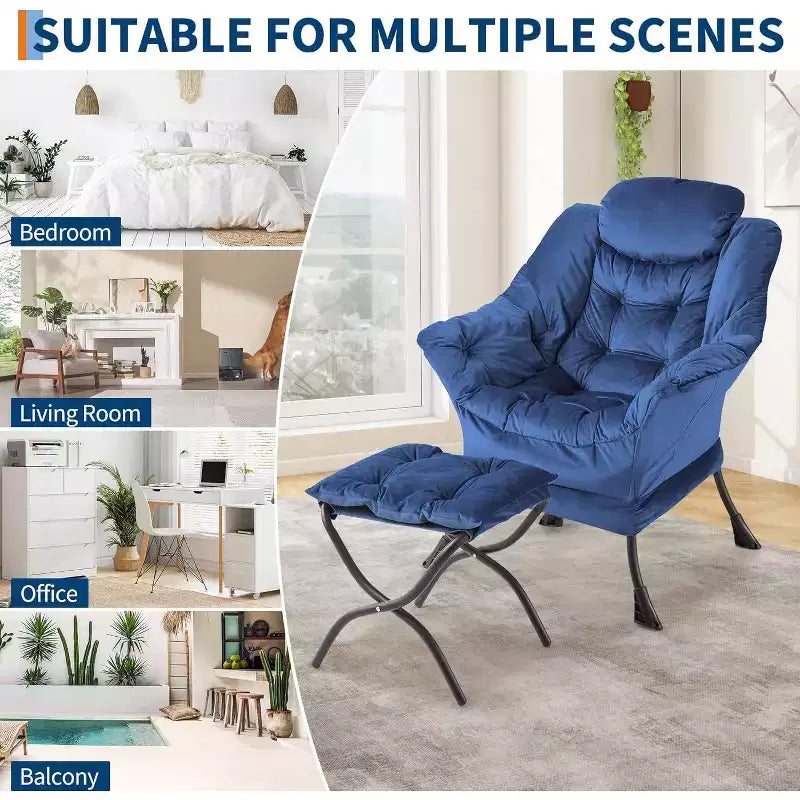 Fauteuil de relaxation COZONY avec pouf, chaise d'appoint moderne avec repose-pieds et poche latérale pour salon, chambre, dortoir, bureau