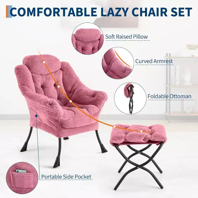 Fauteuil de relaxation COZONY avec pouf, chaise d'appoint moderne avec repose-pieds et poche latérale pour salon, chambre, dortoir, bureau