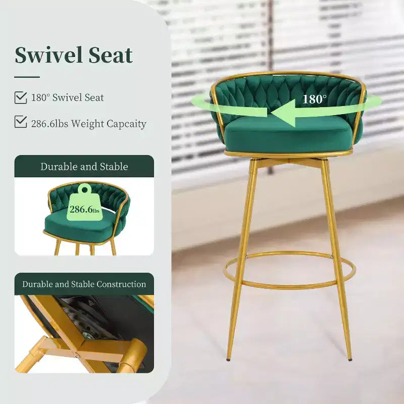 TUYOHW Tabourets de Bar pivotants 31,5 pouces, Base en métal doré de Luxe avec Dossier tressé à la Main, Capacité 286lbs