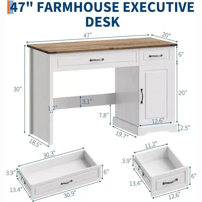 Bureau de direction 47" avec tiroirs et armoire de rangement – Poste de travail rustique pour bureau/étude/chambre à coucher, blanc antique