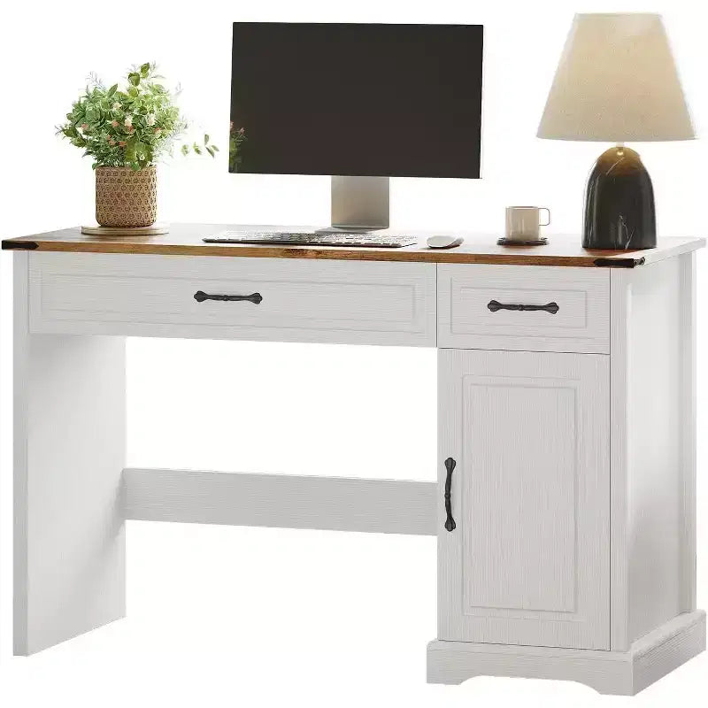 Bureau de direction 47" avec tiroirs et armoire de rangement – Poste de travail rustique pour bureau/étude/chambre à coucher, blanc antique
