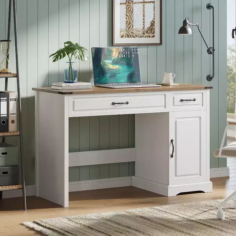 Bureau de direction 47" avec tiroirs et armoire de rangement – Poste de travail rustique pour bureau/étude/chambre à coucher, blanc antique