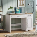 Bureau de direction 47" avec tiroirs et armoire de rangement – Poste de travail rustique pour bureau/étude/chambre à coucher, blanc antique