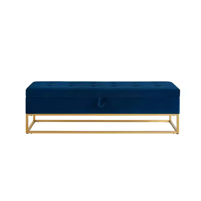 58.6 Banquette de rangement, Banc rembourré avec base en métal pour chambre à coucher, salon, couloir, bleu