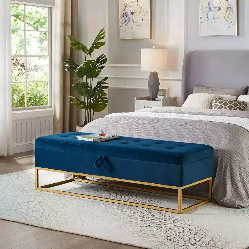 58.6 Banquette de rangement, Banc rembourré avec base en métal pour chambre à coucher, salon, couloir, bleu