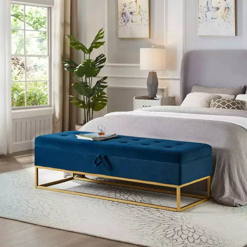 58.6 Banquette de rangement, Banc rembourré avec base en métal pour chambre à coucher, salon, couloir, bleu