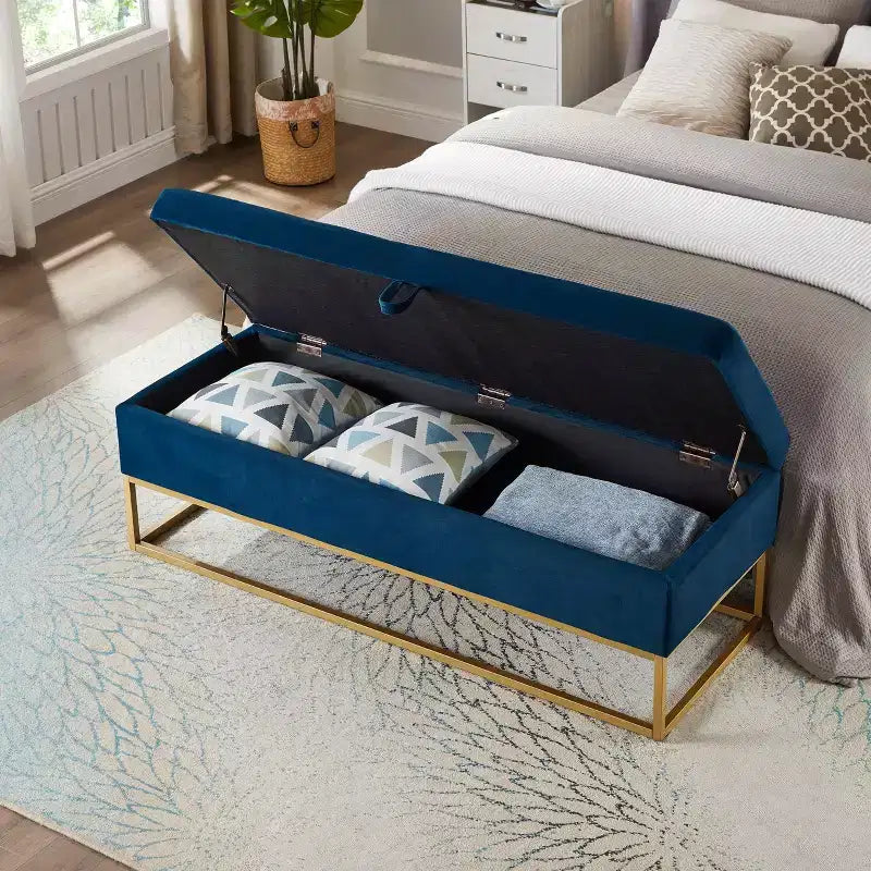 58.6 Banquette de rangement, Banc rembourré avec base en métal pour chambre à coucher, salon, couloir, bleu