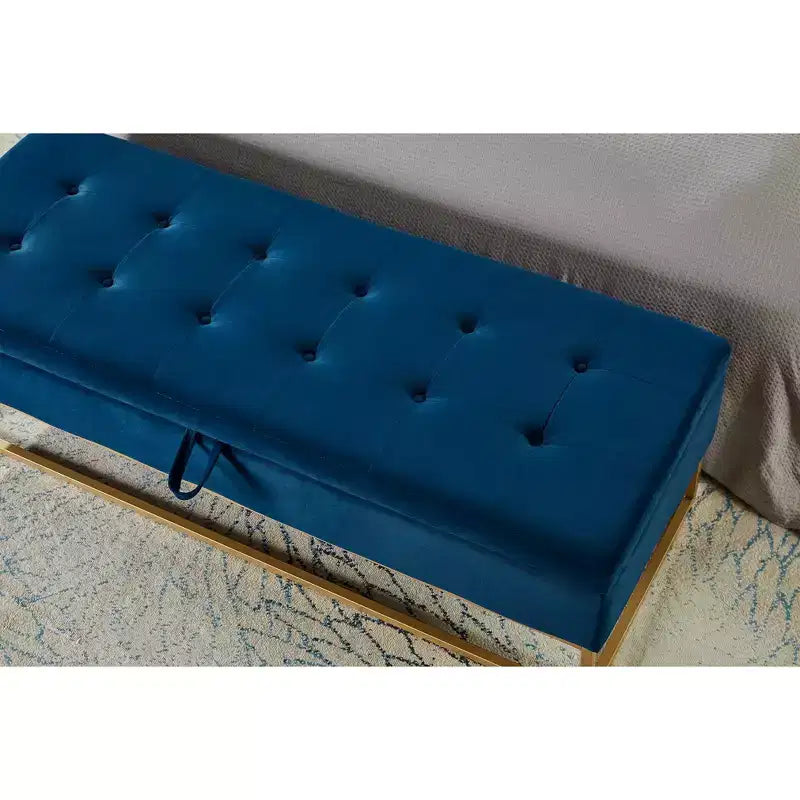 58.6 Banquette de rangement, Banc rembourré avec base en métal pour chambre à coucher, salon, couloir, bleu