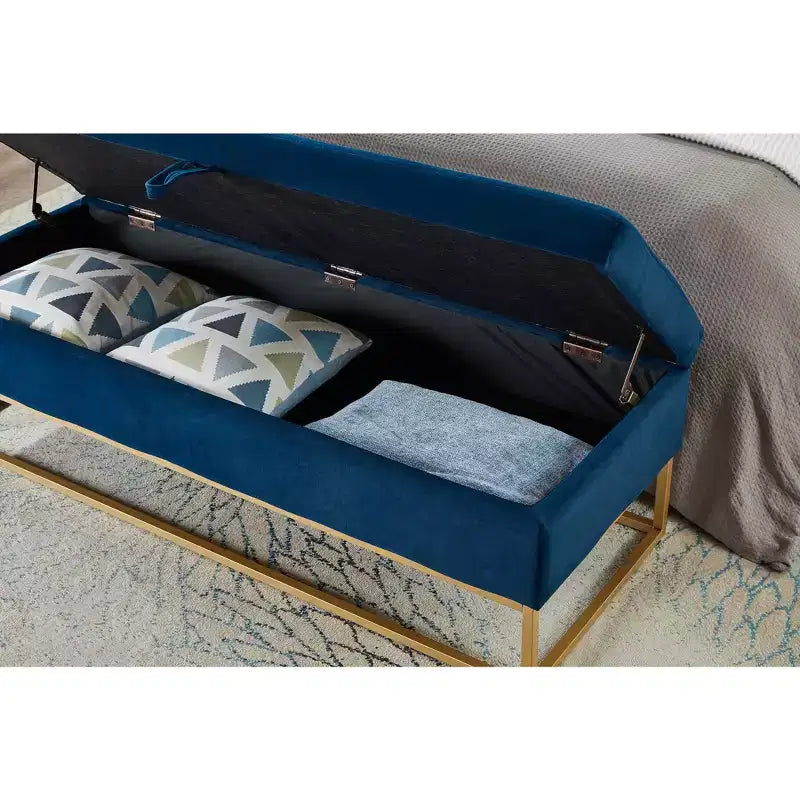 58.6 Banquette de rangement, Banc rembourré avec base en métal pour chambre à coucher, salon, couloir, bleu