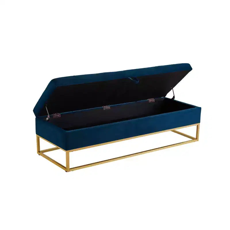 58.6 Banquette de rangement, Banc rembourré avec base en métal pour chambre à coucher, salon, couloir, bleu