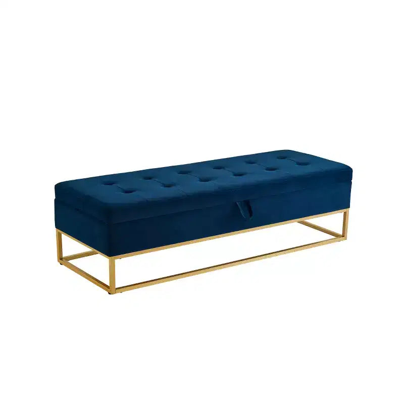 58.6 Banquette de rangement, Banc rembourré avec base en métal pour chambre à coucher, salon, couloir, bleu