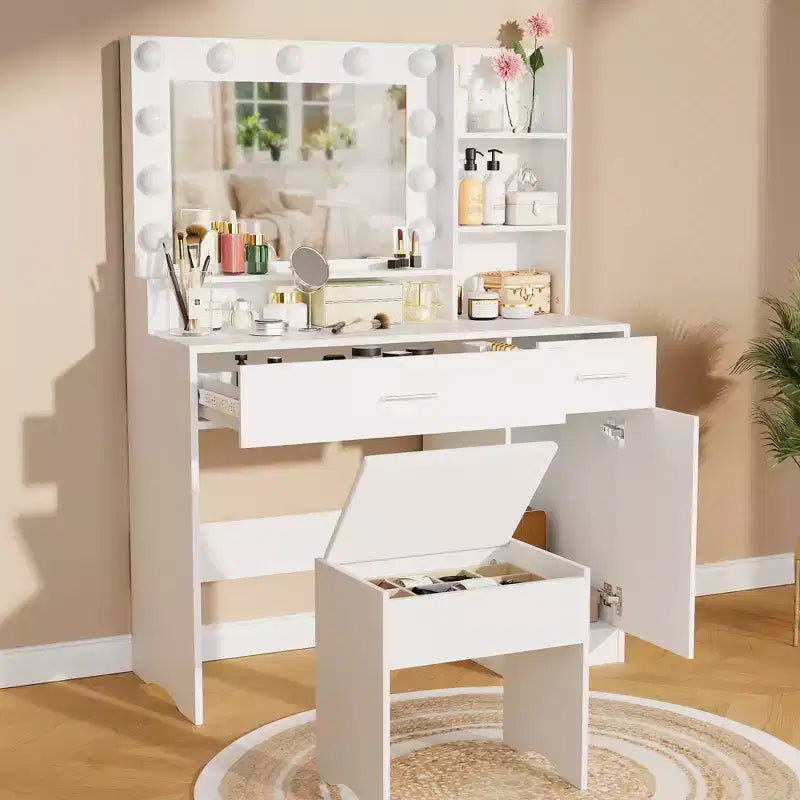 ALAULM Coiffeuse avec miroir lumineux LED 3 couleurs, tiroirs de différentes tailles et tabouret, coiffeuse de style moderne, pour chambre à coucher, blanc