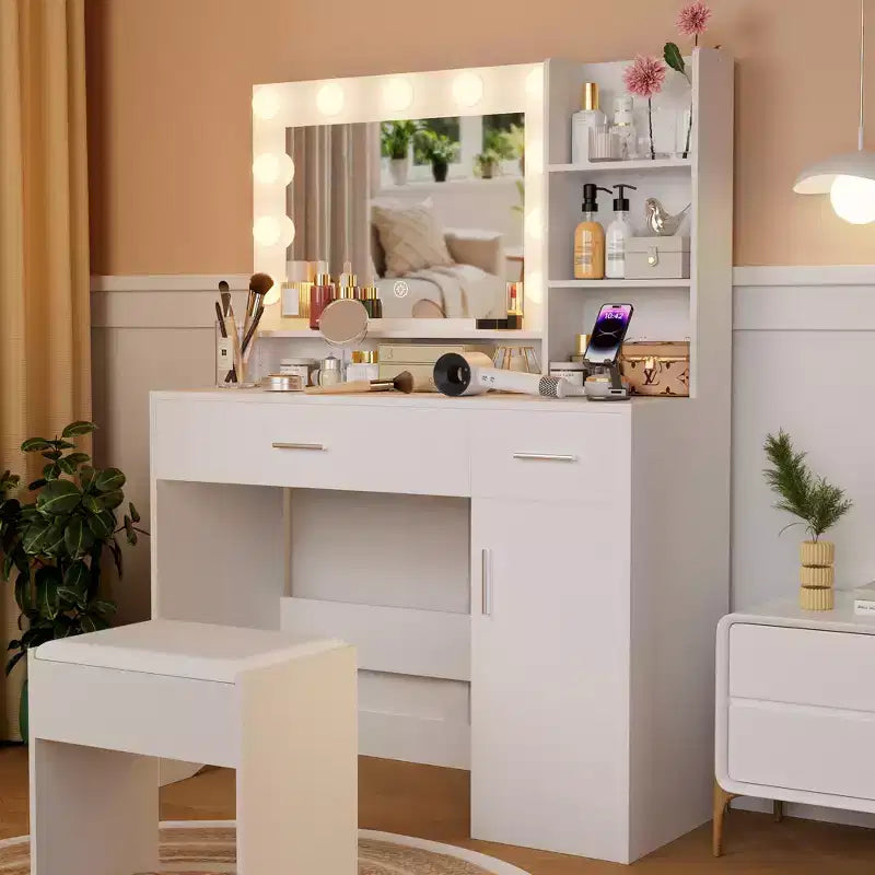 ALAULM Coiffeuse avec miroir lumineux LED 3 couleurs, tiroirs de différentes tailles et tabouret, coiffeuse de style moderne, pour chambre à coucher, blanc