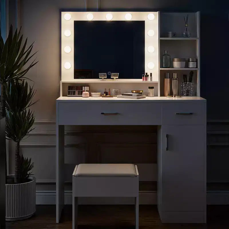 ALAULM Coiffeuse avec miroir lumineux LED 3 couleurs, tiroirs de différentes tailles et tabouret, coiffeuse de style moderne, pour chambre à coucher, blanc
