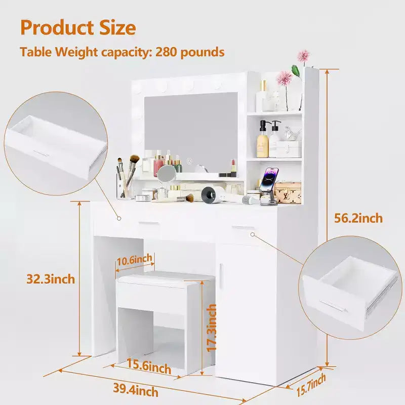 ALAULM Coiffeuse avec miroir lumineux LED 3 couleurs, tiroirs de différentes tailles et tabouret, coiffeuse de style moderne, pour chambre à coucher, blanc