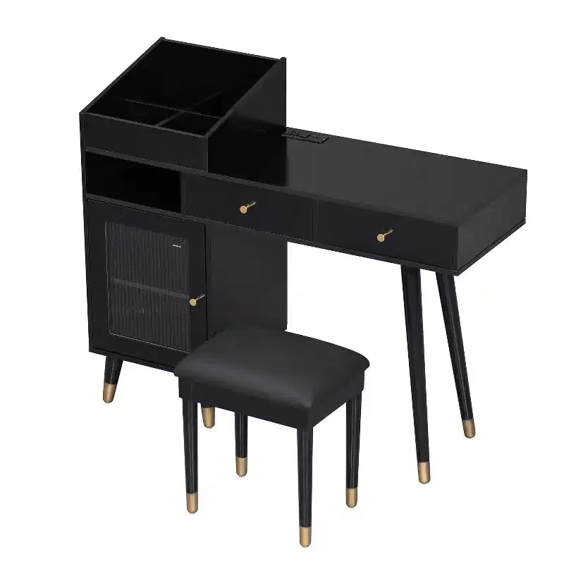 Coiffeuse moderne avec tabouret rembourré, commode avec tiroirs, meuble de rangement et port de chargement, coiffeuse peu encombrante, noire