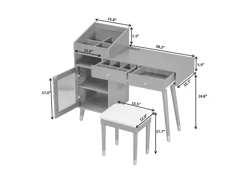 Coiffeuse moderne avec tabouret rembourré, commode avec tiroirs, meuble de rangement et port de chargement, coiffeuse peu encombrante, noire