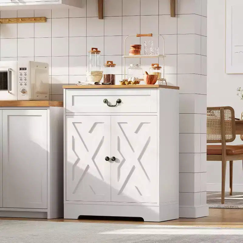 Cabinet - Kitchen Storage Buffet Sideboard with 2 Doors, Drawer & Adjustable Shelf, White Cabinet for Kitchen, Living Room